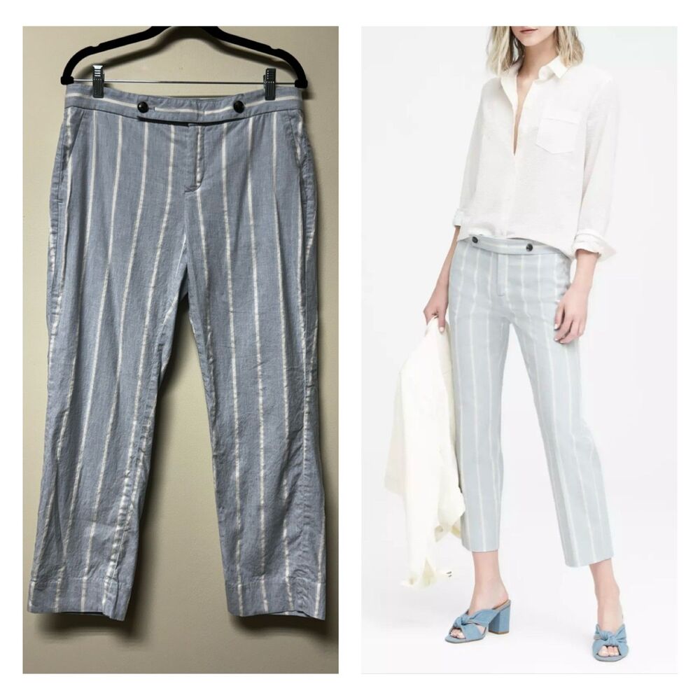 BANANA REPUBLIC Avery Linen Blend Blue/White Stripe Ankle Pant, Sz 6